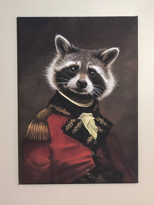 Racoon dressed in uniform, Abstract canvas print, wall decor, man cave, she shed, animal dressed up. - Classy Canvas Designs