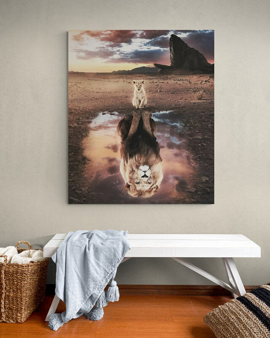Motivational, Canvas print “Perception is everything”. Lion’s reflection.
