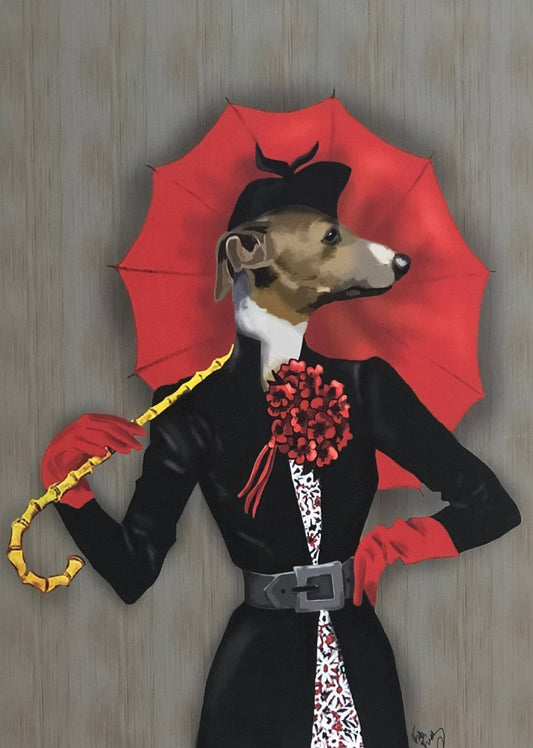 Dog dressed in shirt and coat with an umbrella, Abstract canvas print, wall decor, man cave, she shed - Classy Canvas Designs